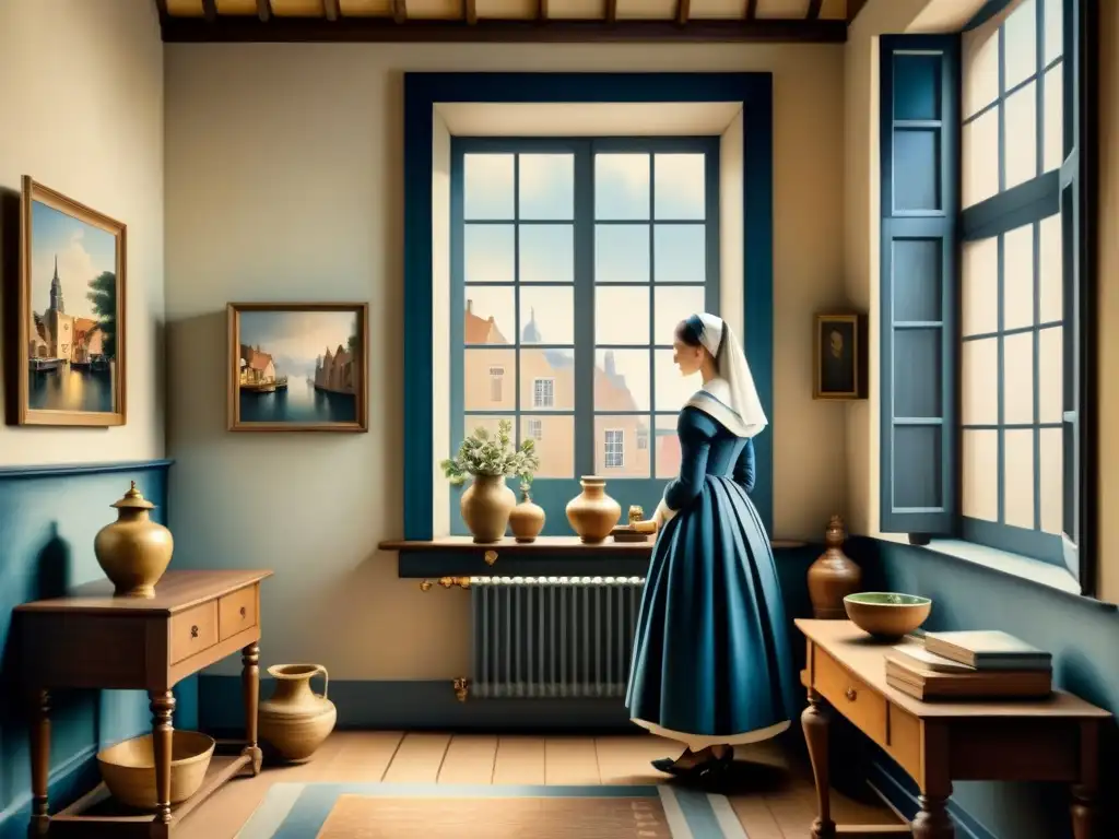 Pintura acuarela de interior holandés sereno, inspirado en Vermeer