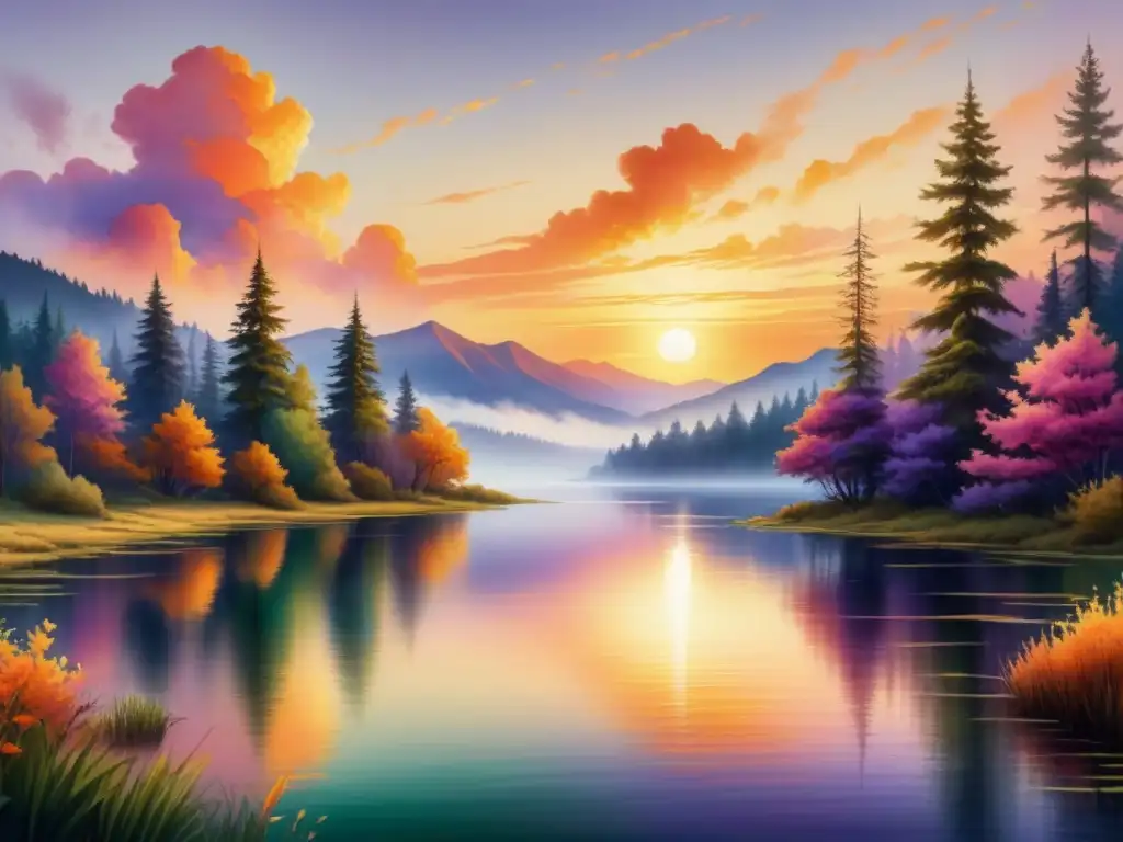 Pintura acuarela con impacto emocional de colores en arte: paisaje sereno al atardecer con tonos cálidos y reflejos en lago