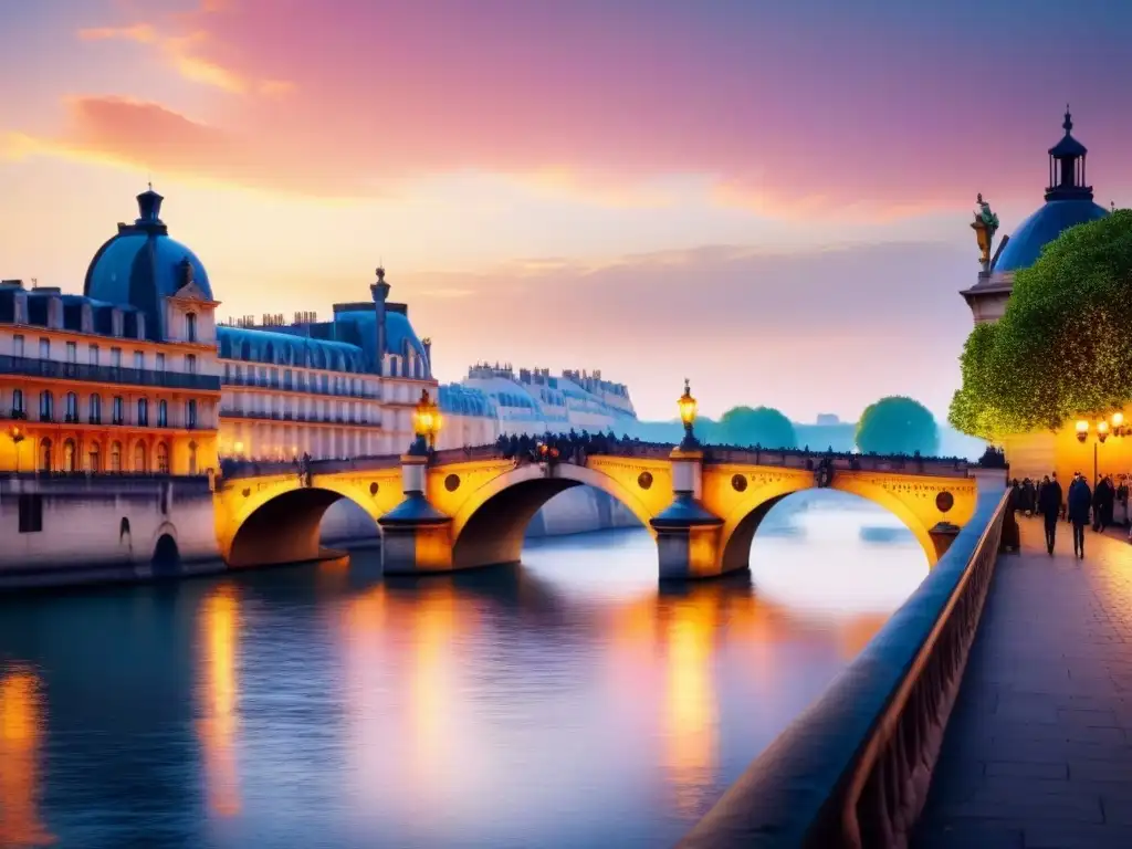 Pintura acuarela impresionante del icónico Puente Neuf en París al atardecer