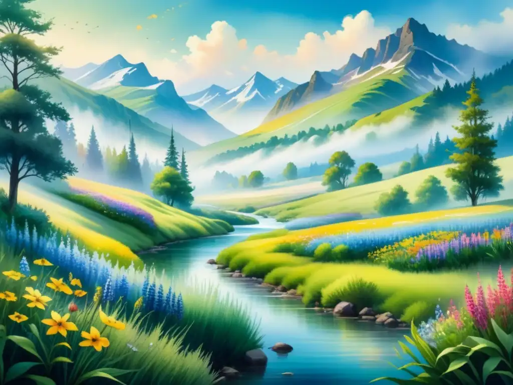 Pintura acuarela impresionante de un paisaje exuberante con colinas, lago sereno, flores silvestres y montañas