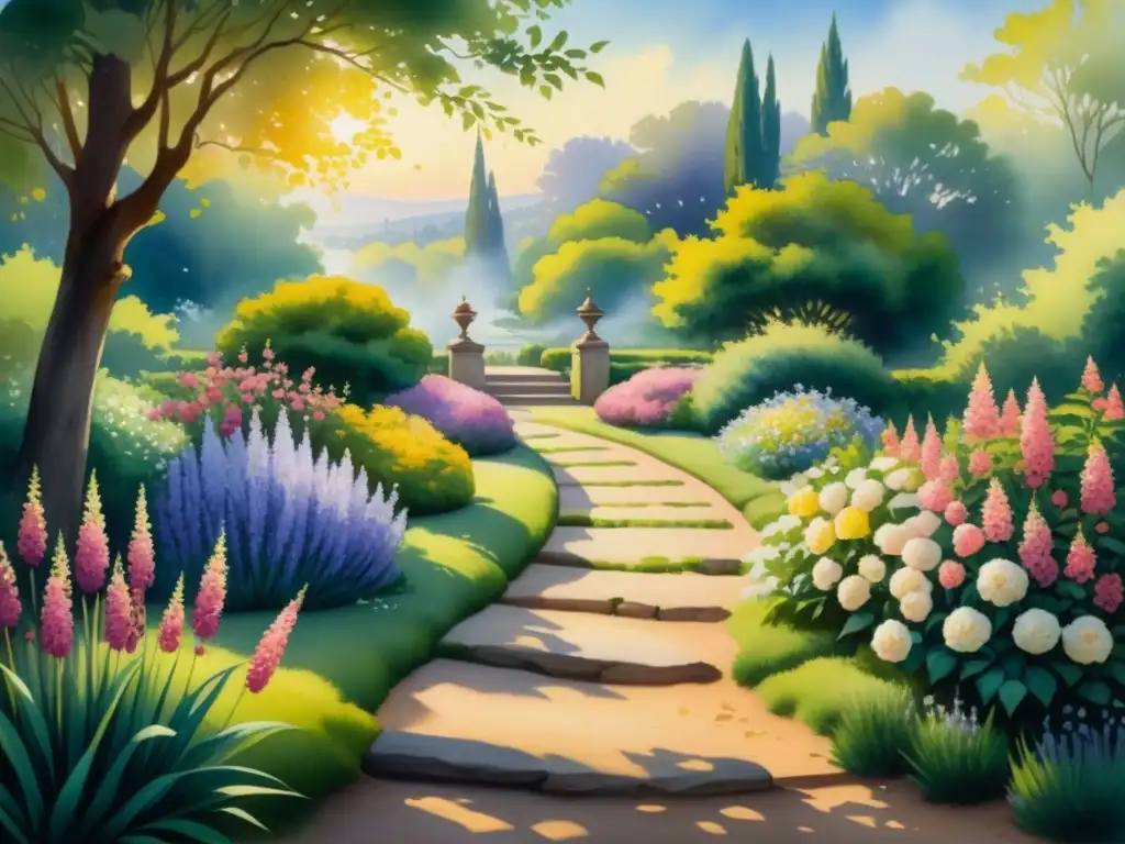 Pintura impresionista con pinceladas que capturan la belleza serena de un jardín en cambio de luz