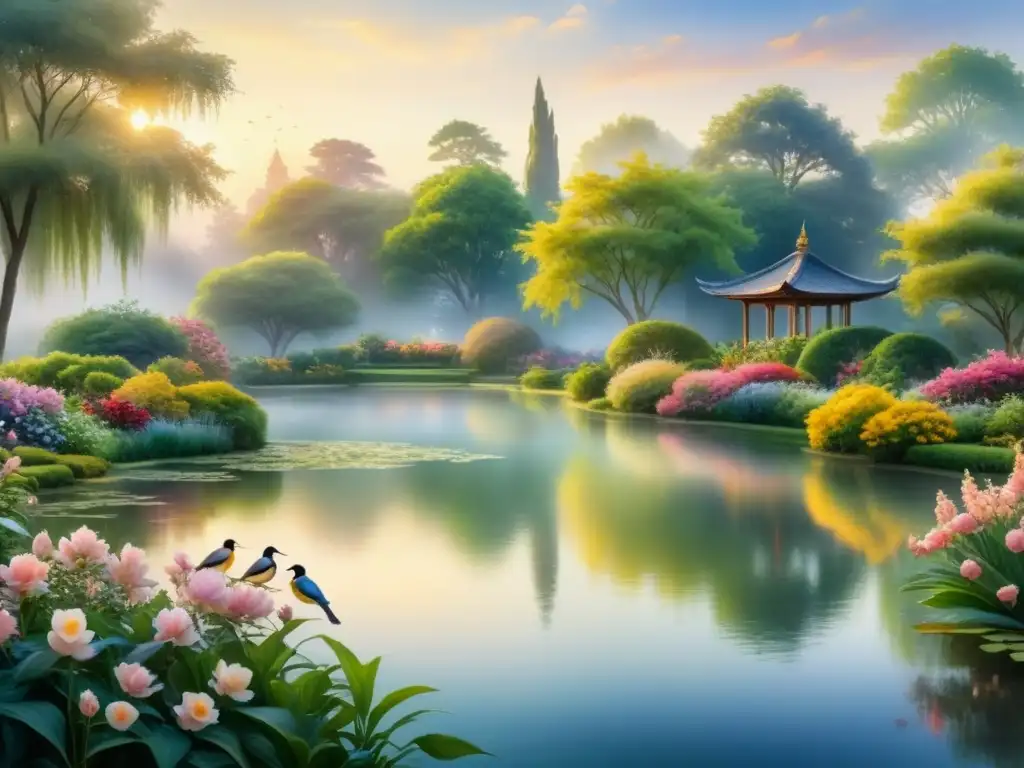 Pintura acuarela del jardín al amanecer, muestra la influencia del Impresionismo en el arte