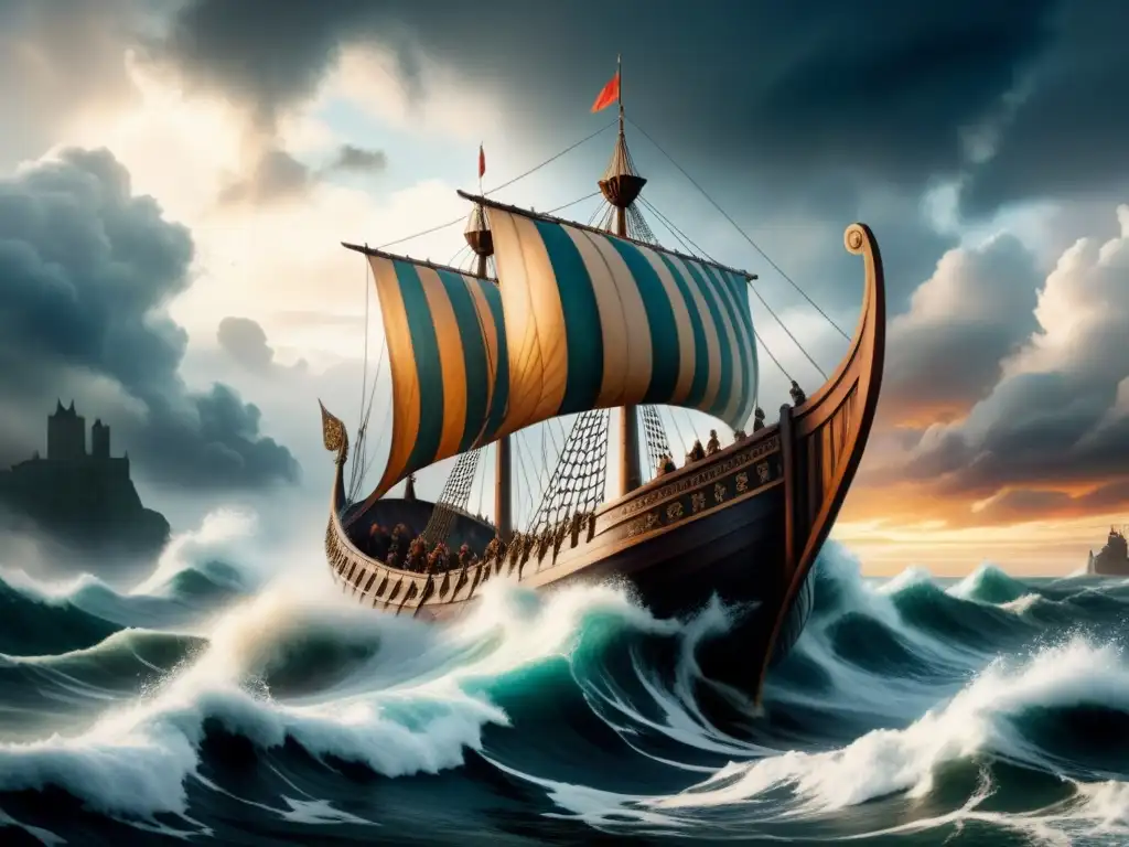 Una pintura acuarela con influencia nórdica arte medieval: un barco vikingo surca un mar tormentoso, mientras olas chocan