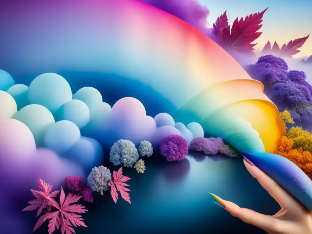 Arcoíris mágico: pintura acuarela con pigmentos cambiantes de color Una pintura acuarela intricada con un arcoíris vibrante que se transforma en tonos de azul, púrpura y rosa, mostrando las propiedades colorchanging de pigmentos termocromáticos y fotochromáticos