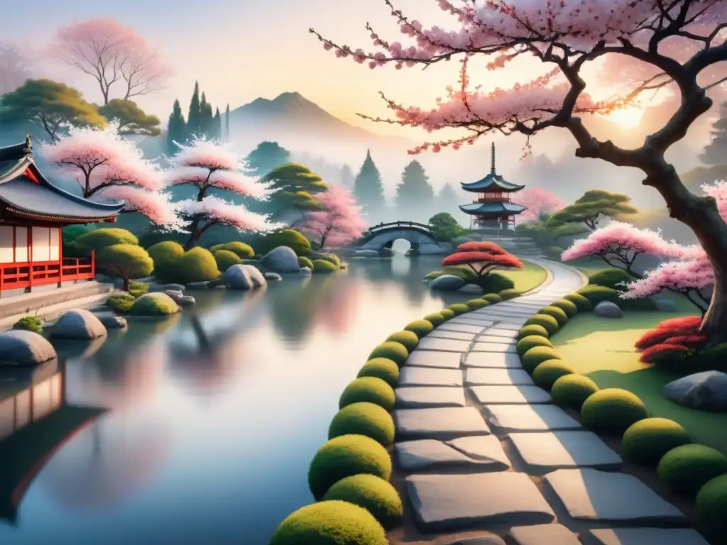 Pintura acuarela de jardín japonés al amanecer con árboles de cerezo en flor, estanque de peces koi y figura practicando haiku arte brevedad expresiva