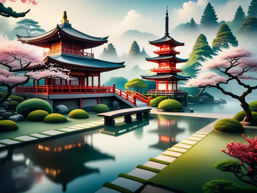 Pintura acuarela de jardín japonés con cerezos, estanque de koi y pagoda, evocando la serenidad del Arte conceptual en Asia influencias