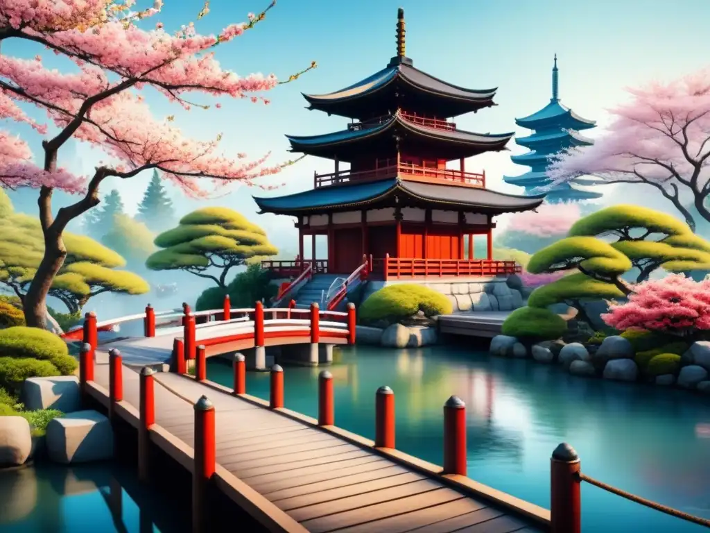 Pintura acuarela de jardín japonés con cerezos en flor, puente de madera, peces koi y pagoda