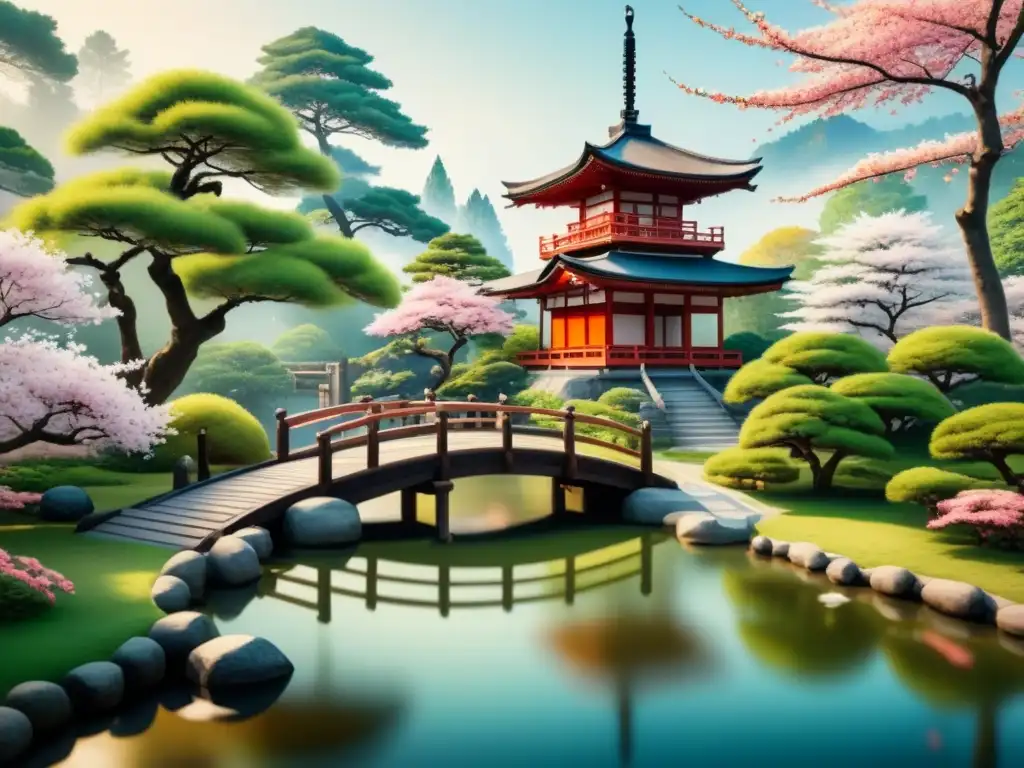 Pintura acuarela de jardín japonés en la era Edo: peces koi, cerezos en flor, puente de madera y pagoda