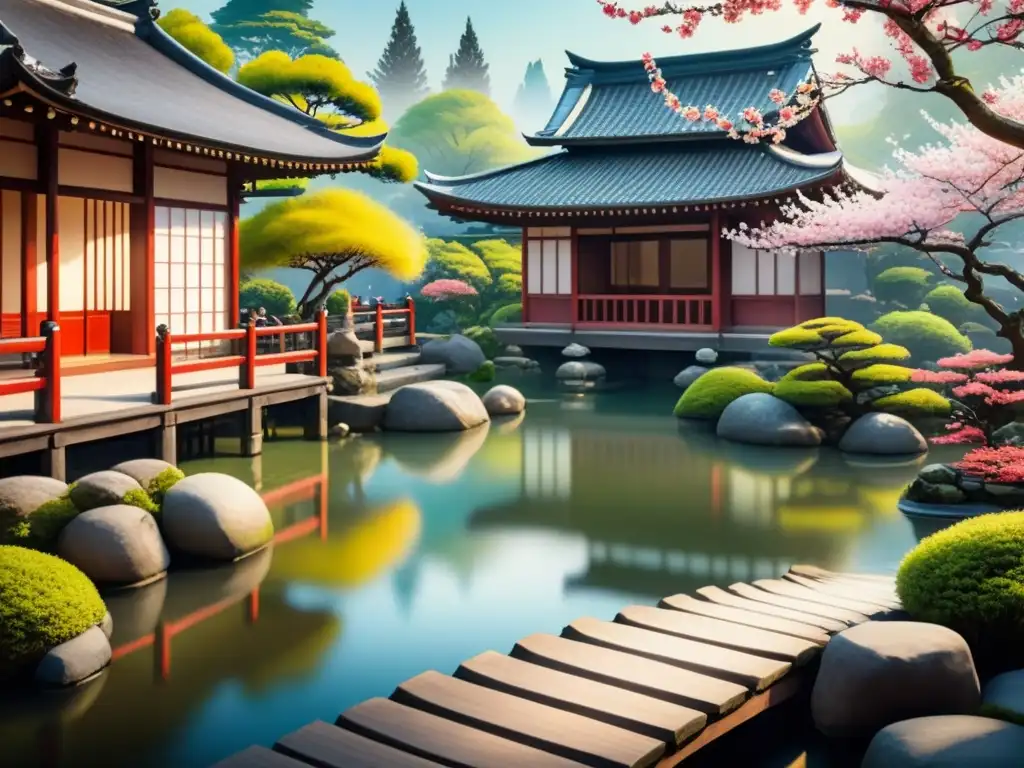 Pintura acuarela de jardín japonés con cerezos en flor, peces koi y casa de té tradicional