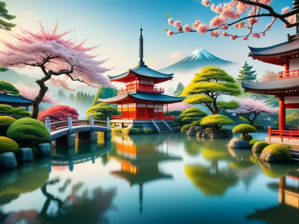 Pintura acuarela de jardín japonés con cerezos en flor, estanque de koi y pagoda entre vegetación exuberante