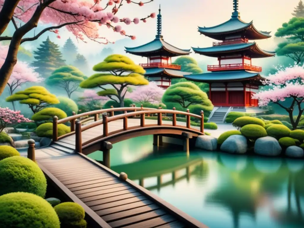 Pintura acuarela de jardín japonés con cerezos en flor, puente de madera y pagoda entre vegetación exuberante