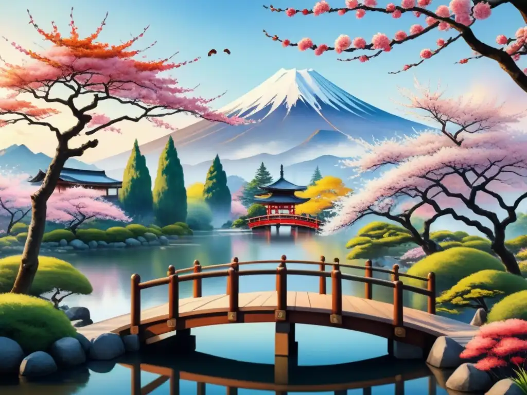 Pintura acuarela: jardín japonés con cerezos en flor, puente de madera sobre estanque de carpas koi