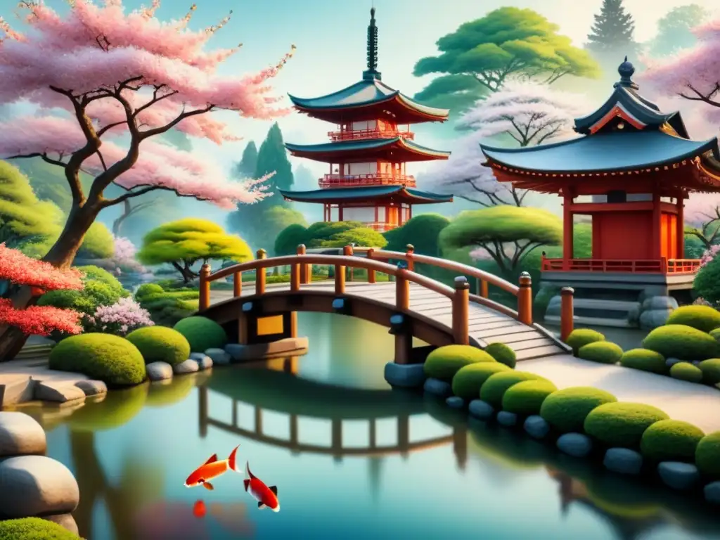 Pintura acuarela de jardín japonés con cerezos en flor, puente de madera sobre estanque con peces koi y pagoda entre vegetación exuberante