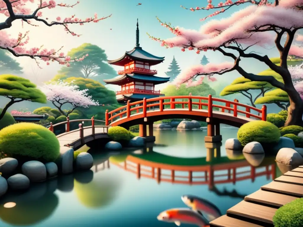 Pintura acuarela de jardín japonés con cerezos en flor, puente de madera, peces koi y pagoda