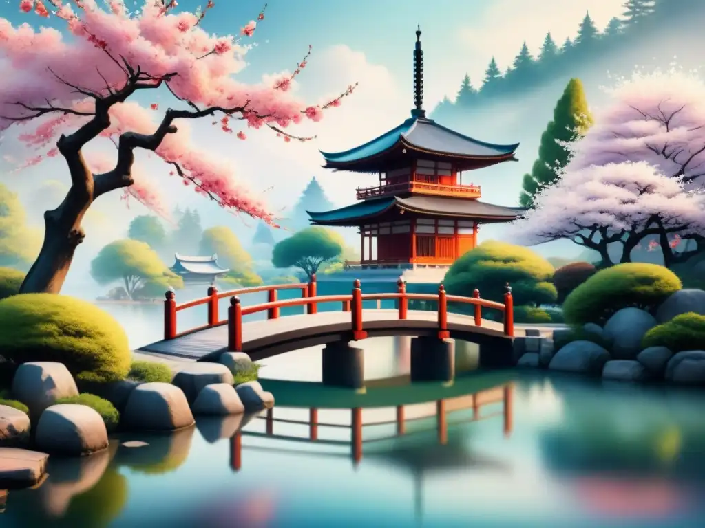 Pintura acuarela de jardín japonés con cerezos, puente de madera, pagoda reflejada en estanque y figura bajo árbol sakura