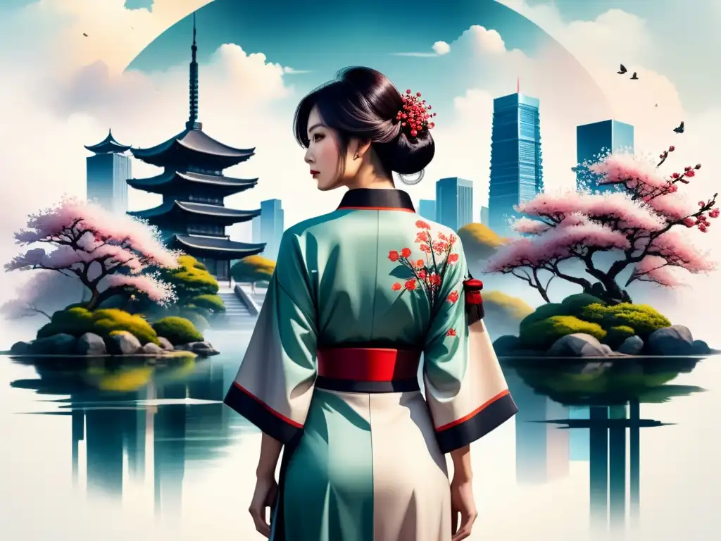 Pintura acuarela: jardín japonés con cerezos y rascacielos futurista