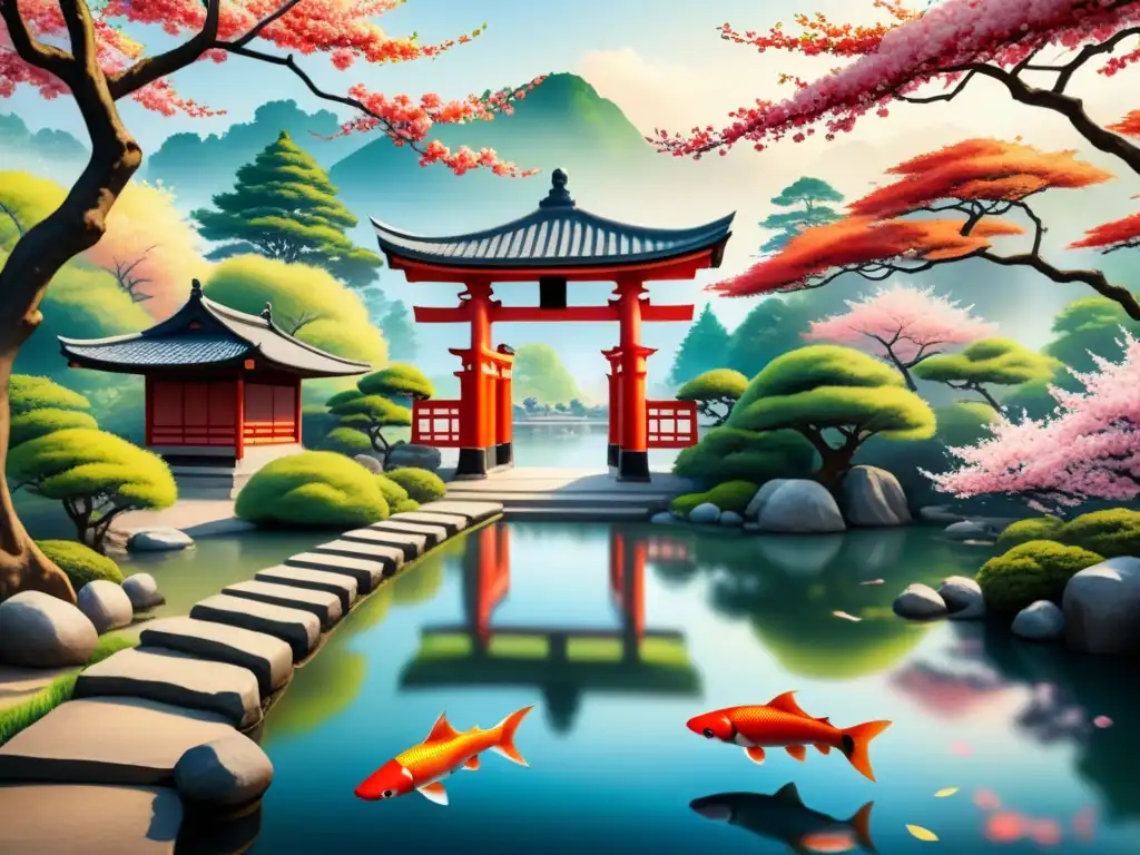 Pintura acuarela de jardín japonés con cerezos, torii rojo, estanque, koi y pagoda