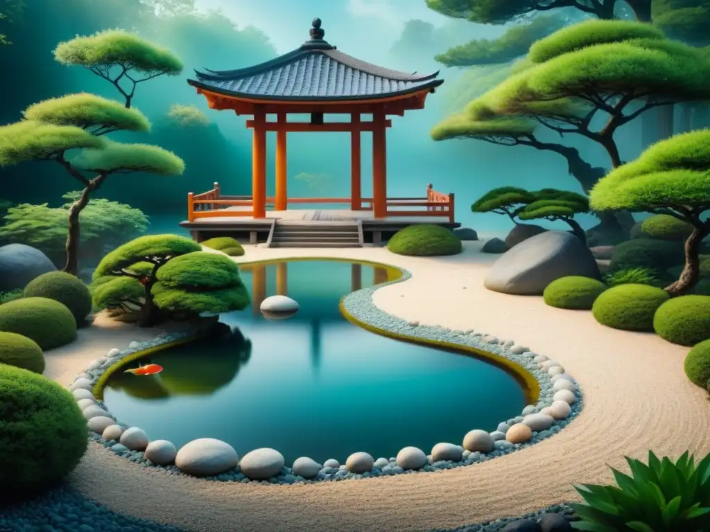 Pintura acuarela de jardín zen japonés con koi nadando; destaca la importancia del espacio vacío en arte espiritual