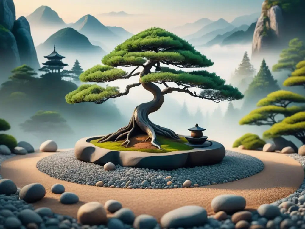 Pintura acuarela del árbol bonsái en jardín japonés, resaltando la importancia del minimalismo en arte