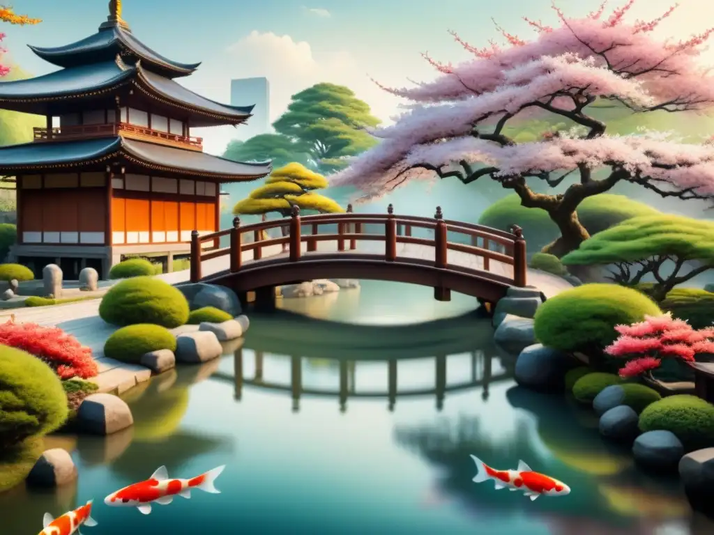Pintura acuarela: jardín japonés con puente de madera y koi Pintura acuarela de jardín japonés con puente de madera sobre estanque de koi