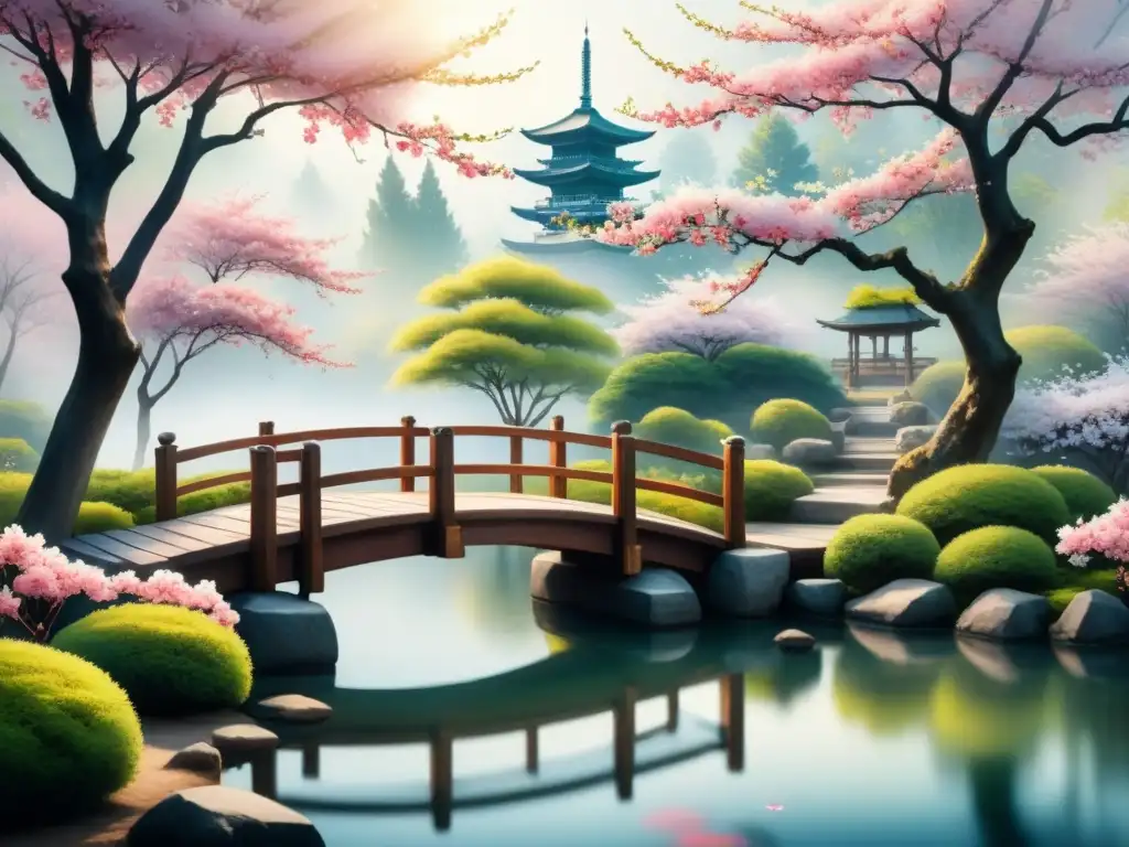 Pintura acuarela de jardín japonés con puente de madera sobre estanque, árboles de cerezo en flor y atmósfera poética haiku arte brevedad expresiva