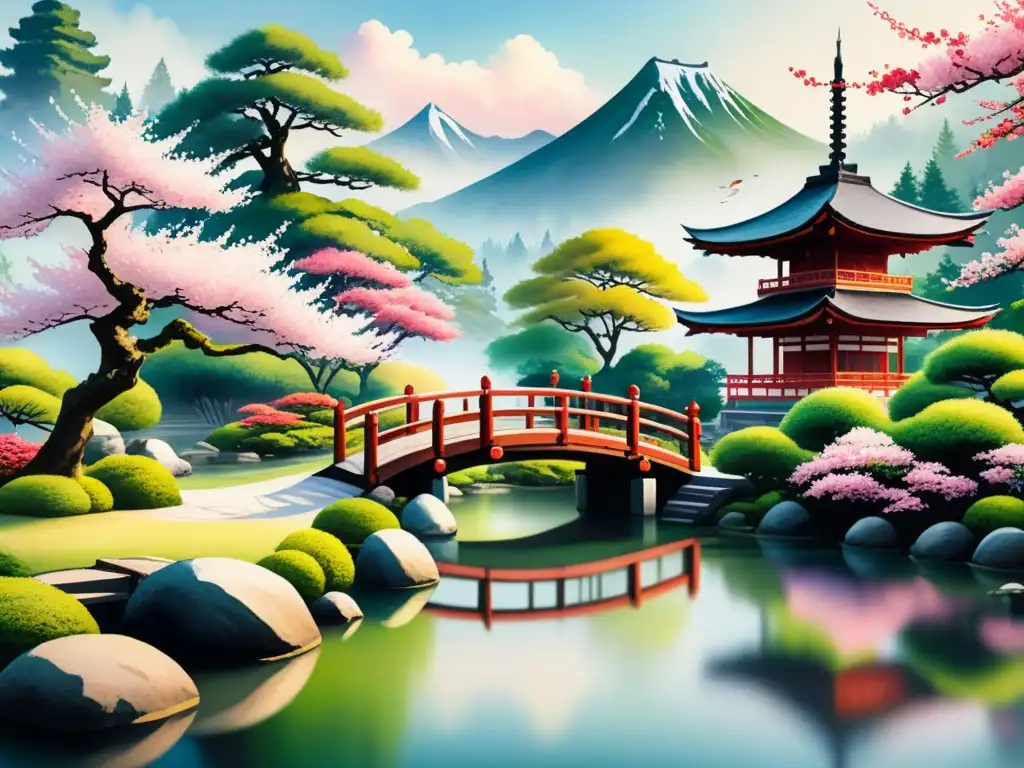 Pintura acuarela de jardín japonés con puente de madera, peces koi y sakuras en flor, ideal para técnicas de sumie para principiantes