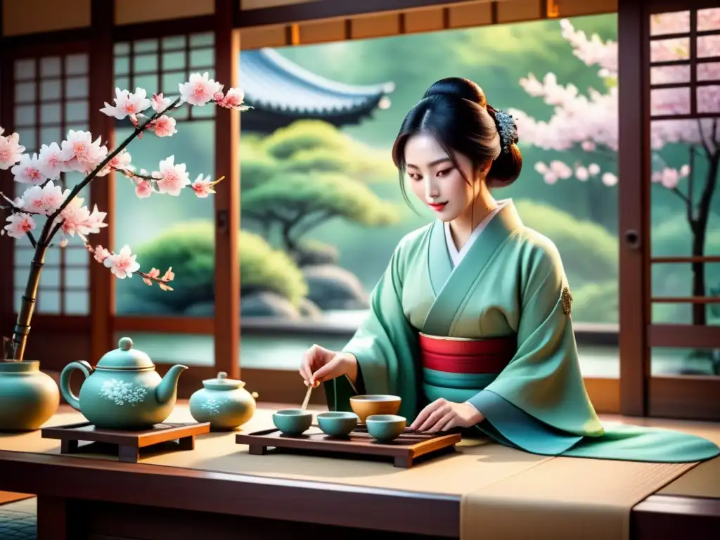 Pintura acuarela japonesa detallada de una ceremonia del té, con movimientos delicados y atmósfera serena