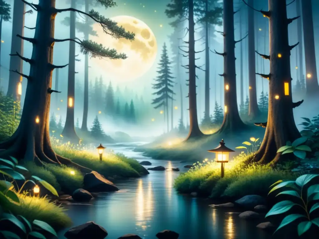 Pintura mágica con iluminación en escena de bosque sereno, luciérnagas danzan entre árboles ancestrales