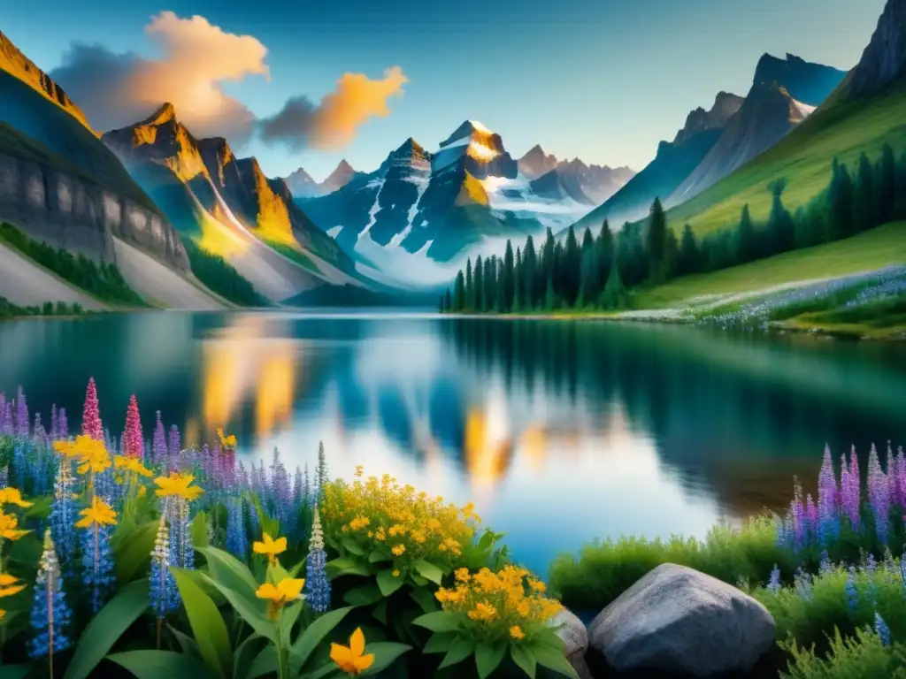 Pintura acuarela de una majestuosa montaña nevada sobre un lago sereno, con flores silvestres y cielo dramático