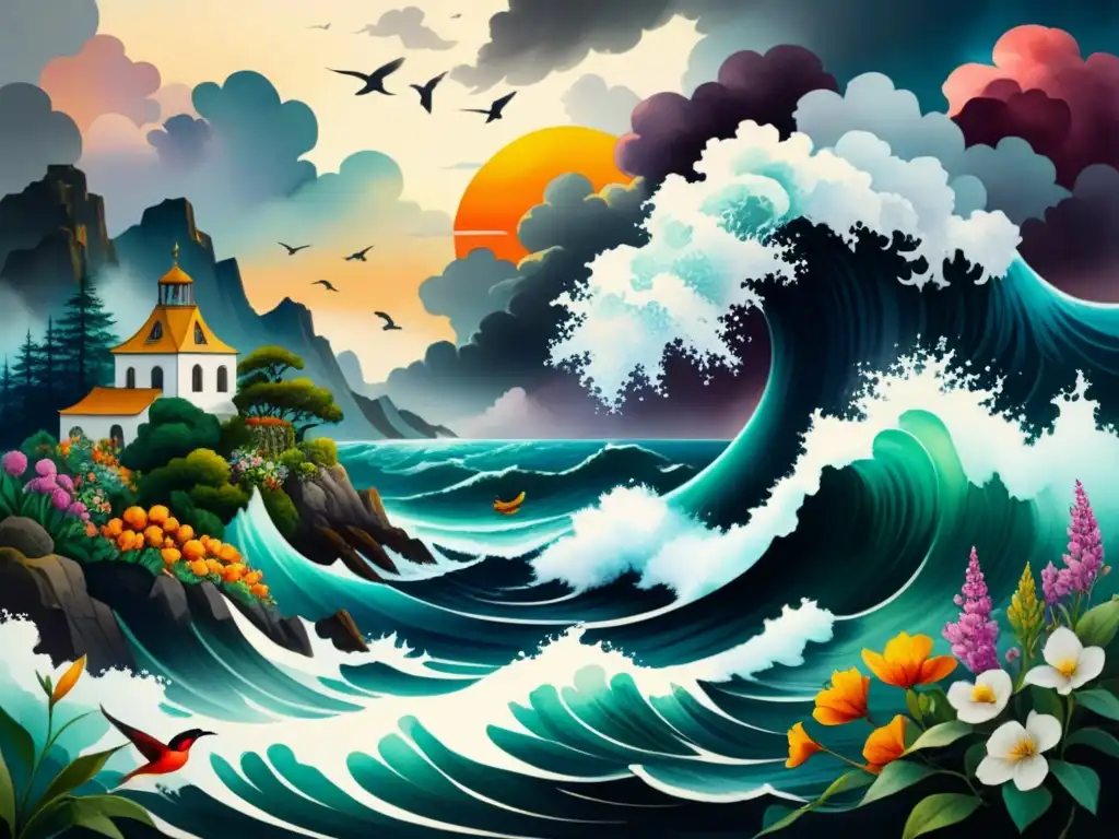 Pintura acuarela: mar tormentoso y jardín tranquilo ilustran contrastes del Romanticismo en arte