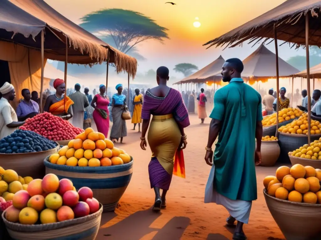 Pintura acuarela de mercado africano al atardecer, destacando el contraste como elemento narrativo en el arte africano