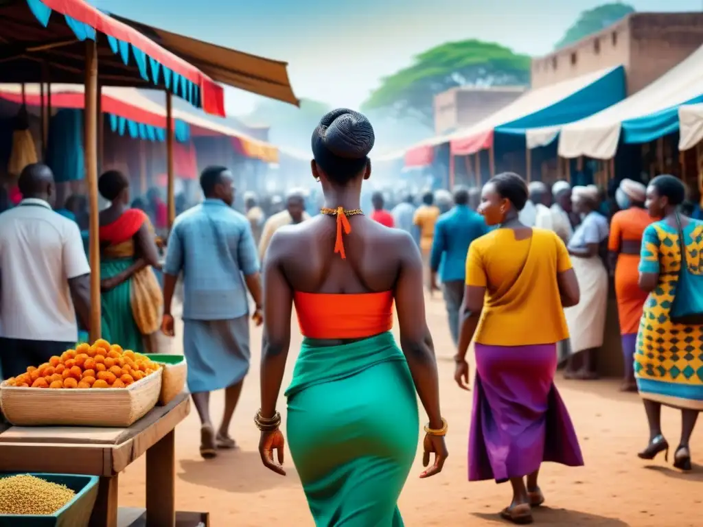 Pintura acuarela de mercado africano con intersección cultural, arte vibrante y artistas africanos