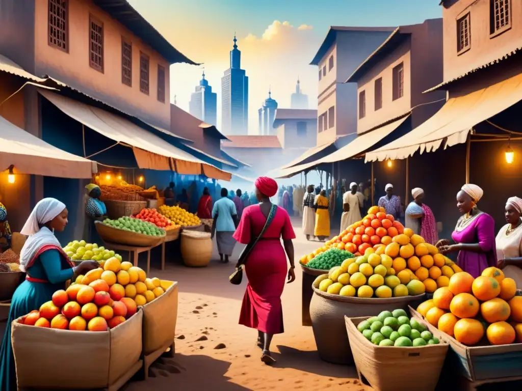 Pintura acuarela de mercado africano con mezcla de tradición y modernidad, reflejando la diáspora africana arte contemporáneo