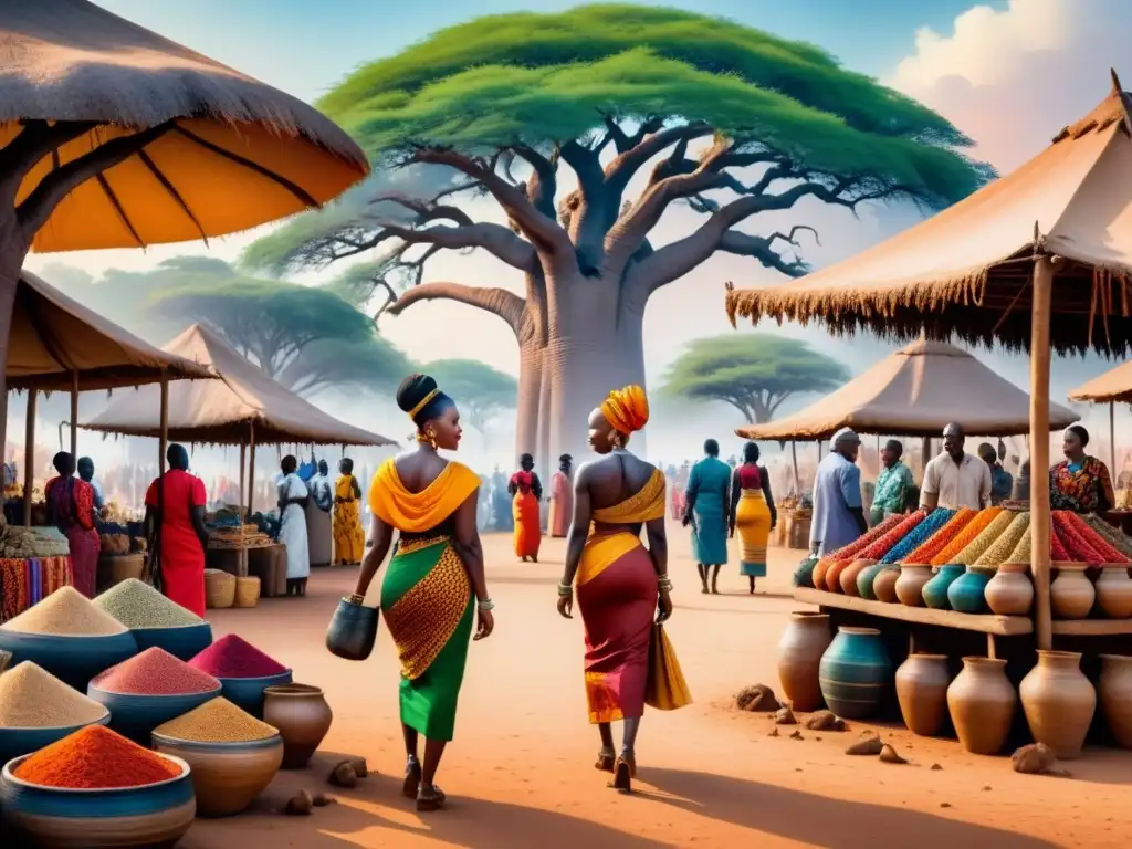 Pintura acuarela de mercado africano vibrante y bullicioso, reflejando la riqueza cultural y la influencia global del arte contemporáneo africano