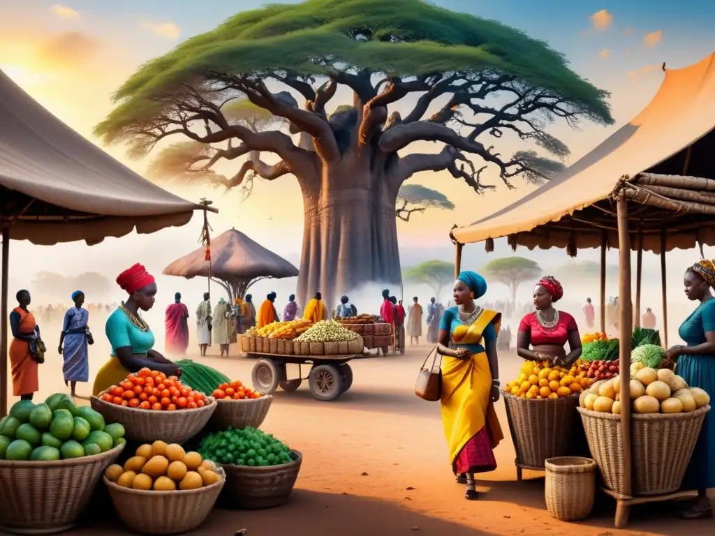 Pintura acuarela de mercado africano vibrante con colores y vida