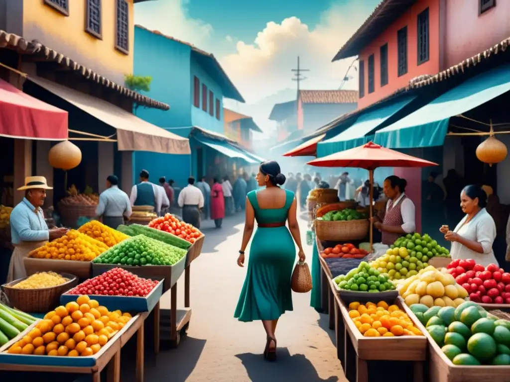 Pintura acuarela de mercado callejero latinoamericano: arte contemporáneo preservación patrimonio