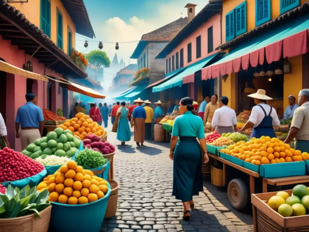 Pintura acuarela de mercado callejero latinoamericano vibrante