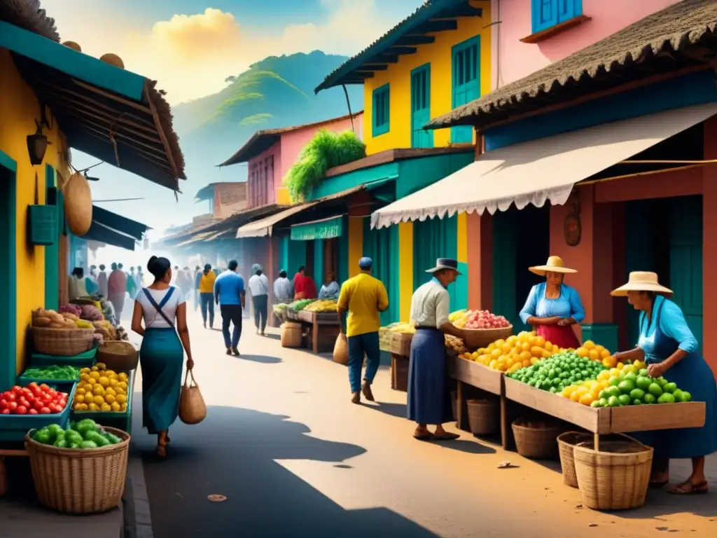 Pintura acuarela de mercado colombiano con escena animada y colores vibrantes