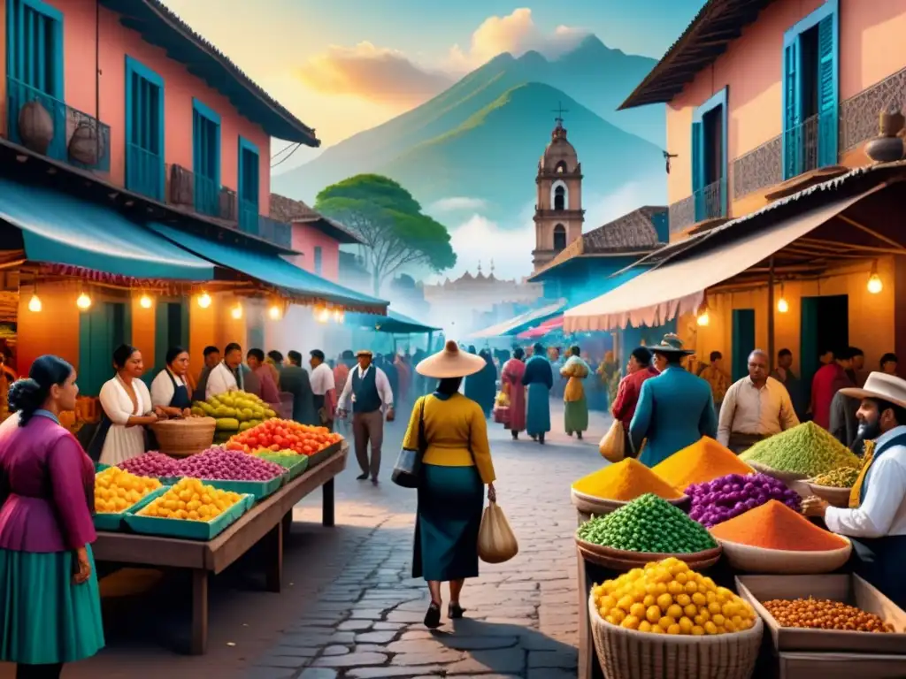 Pintura acuarela de mercado latinoamericano lleno de coloridas narrativas visuales artistas contemporáneos