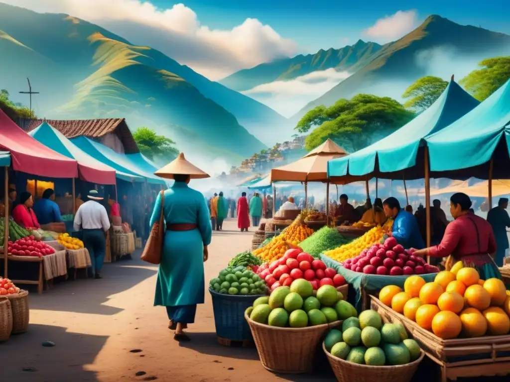 Pintura acuarela de mercado latinoamericano vibrante y diverso