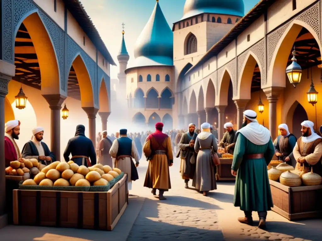 Pintura acuarela: mercado medieval con influencias islámicas y europeas Pintura acuarela de mercado medieval europeo con influencia de Arte islámico