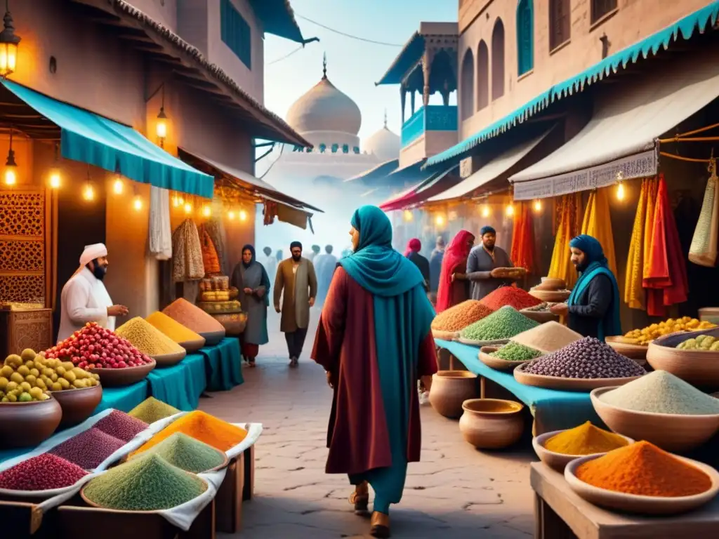 Pintura acuarela de mercado en Oriente Medio Pintura acuarela de mercado en Medio Oriente, lleno de vida y colores