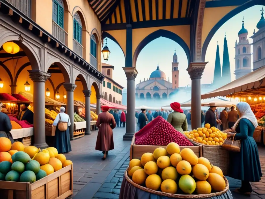 Pintura acuarela de mercado renacentista con textiles y frutas, arquitectura grandiosa y difusión del Renacimiento