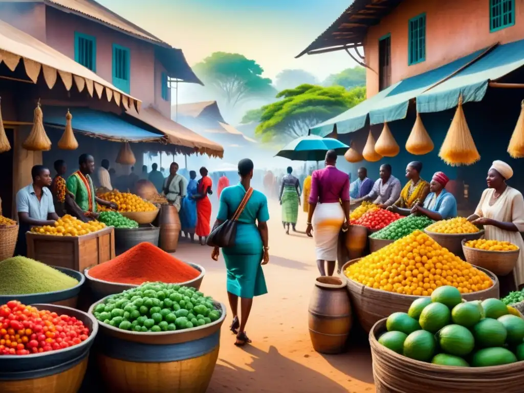 Pintura acuarela de mercado vibrante en África, con actividad tradicional y arquitectura única