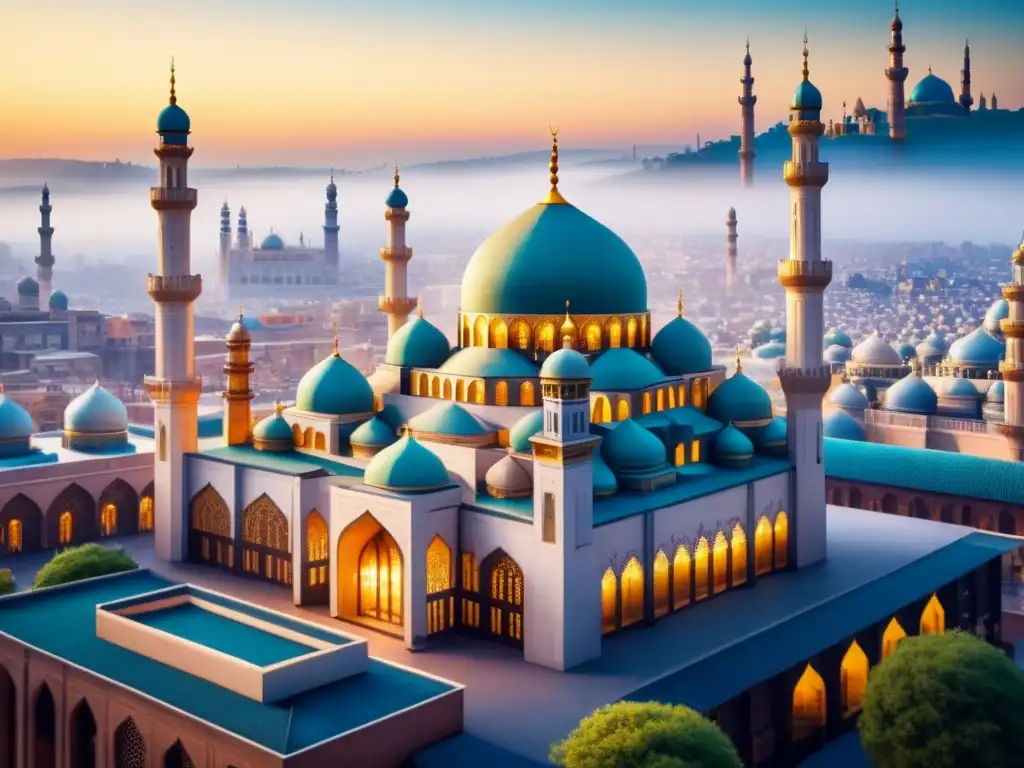 Pintura acuarela de una mezquita moderna integrada en la ciudad, equilibrio entre tradición e innovación en el Arte Islámico Contemporáneo