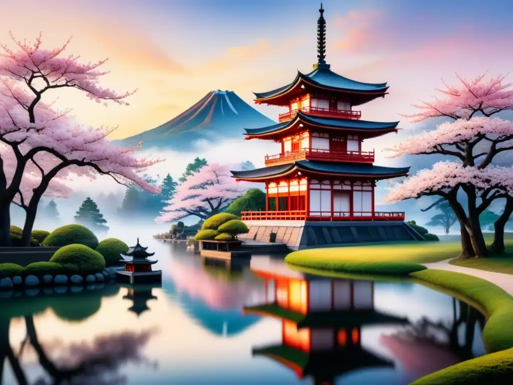 Pintura al óleo en culturas: Paisaje sereno con cerezos en flor y pagoda japonesa, reflejos en estanque