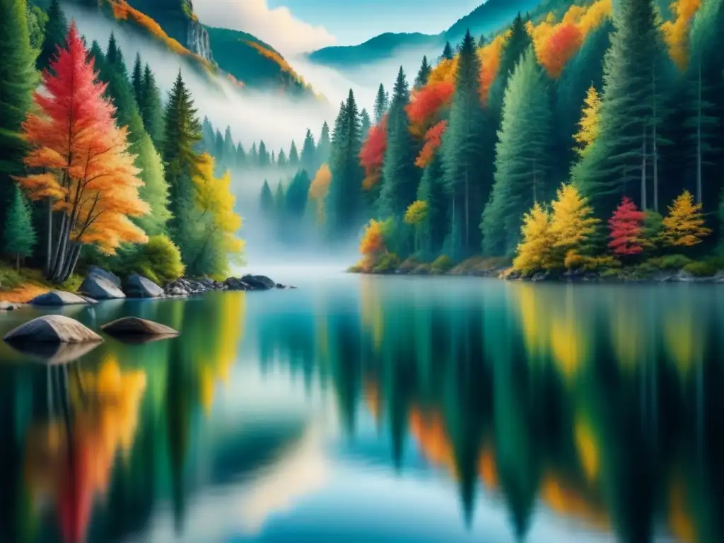 Pintura al óleo detallada de un paisaje tranquilo de otoño con un bosque y lago, reflejando la paciencia y artística en capas secado