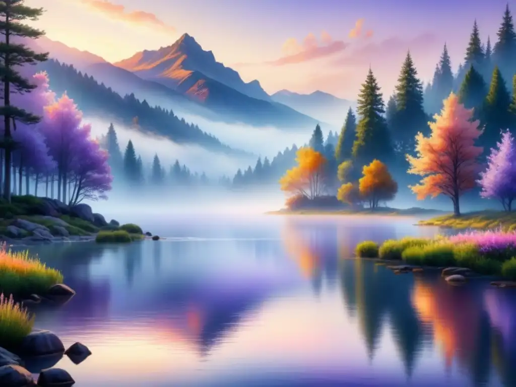 Una pintura al óleo detallada de un paisaje sereno con un lago tranquilo reflejando los vibrantes colores de un atardecer