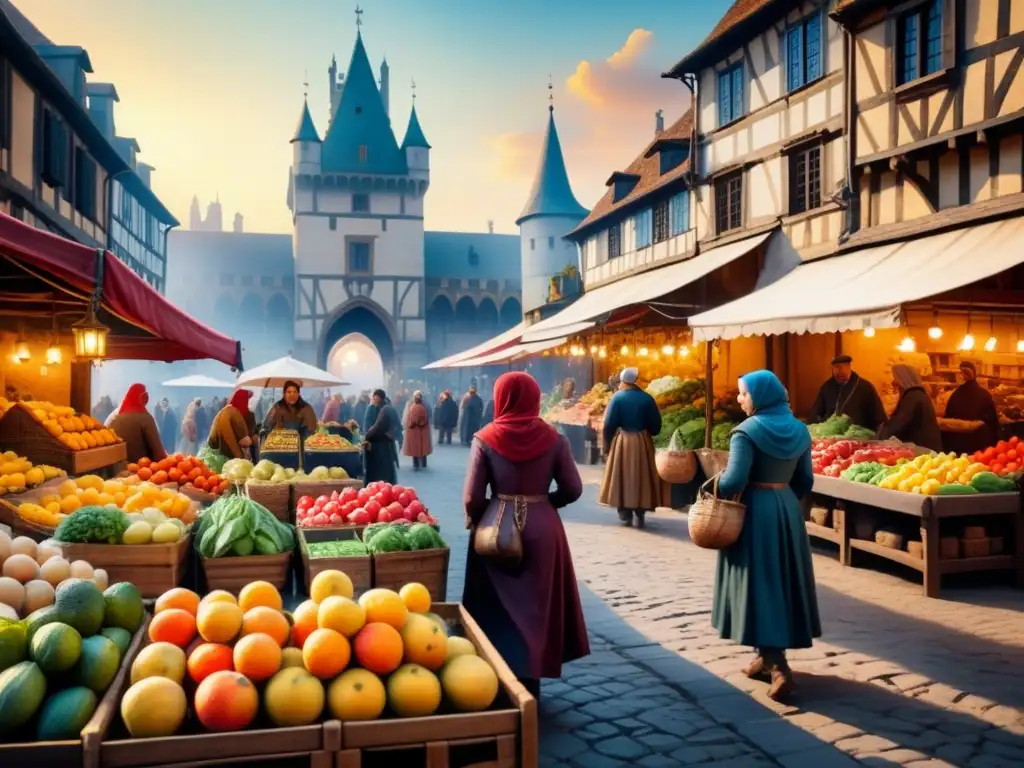 Pintura al óleo de mercado medieval bullicioso con vendedores, clientes y niños jugando, al atardecer con un castillo al fondo