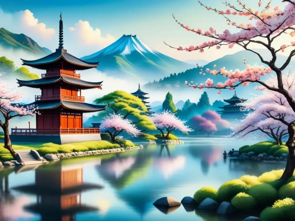 Pintura acuarela de paisaje asiático sereno con árboles de cerezo en flor, estanque tranquilo y pagoda de madera